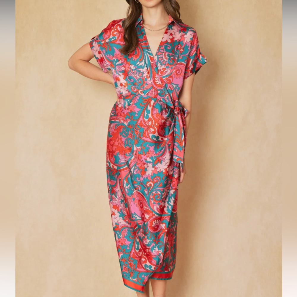 Satin Midi Wrap Dress {Red}